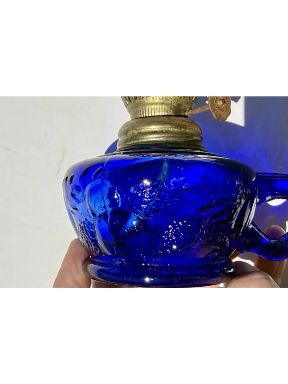 Vintage Cobalt Blue Glass Finger Oil Lamp Fruit Base & Ruffled Chimney Hong Kong